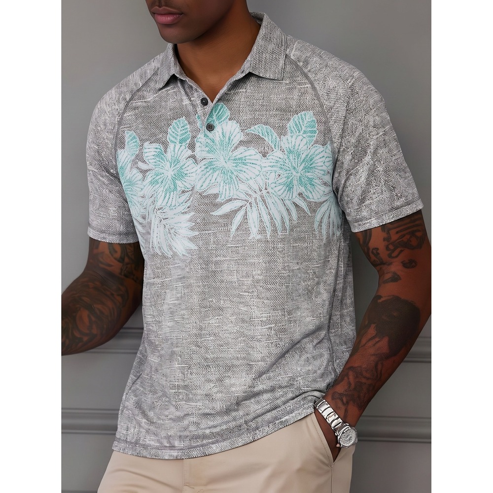 Tommy Bahama IslandZone Polo Mens XL Grey Teal Floral Hibiscus Short Sleeve